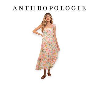 Anthropologie By The River Watercolor Floral Ruffle Midi Dress Size M Fits Small